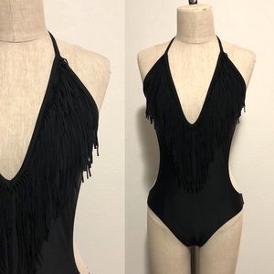BLACK DEEP V FRINGE NECK ONE-PIECE SWIMSUIT - L